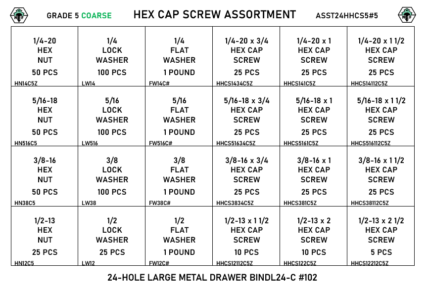24-Hole Hex Cap Screw Assortment / Grade 5 UNC / 1/4 to 1/2" Diameters / Large Metal Drawer