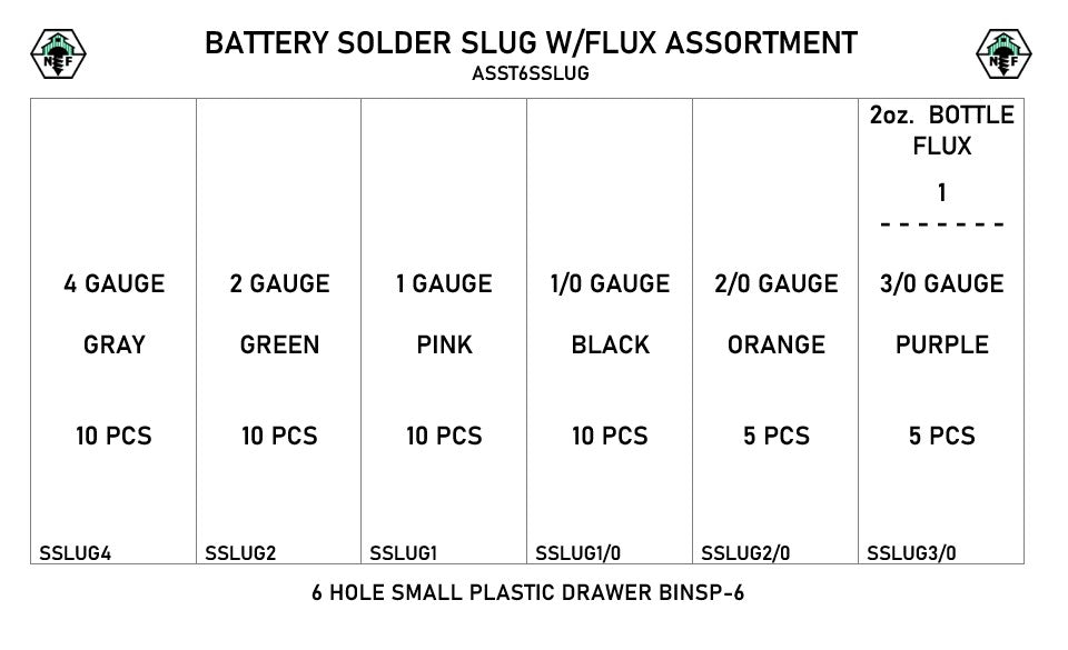 6-Hole Solder Battery Slug w/Flux Assortment / Small Plastic Drawer