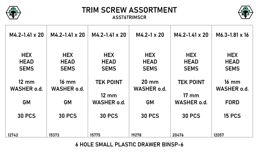6-Hole Trim Screw Assortment / M4 & M6 Diameters / Small Plastic Drawer