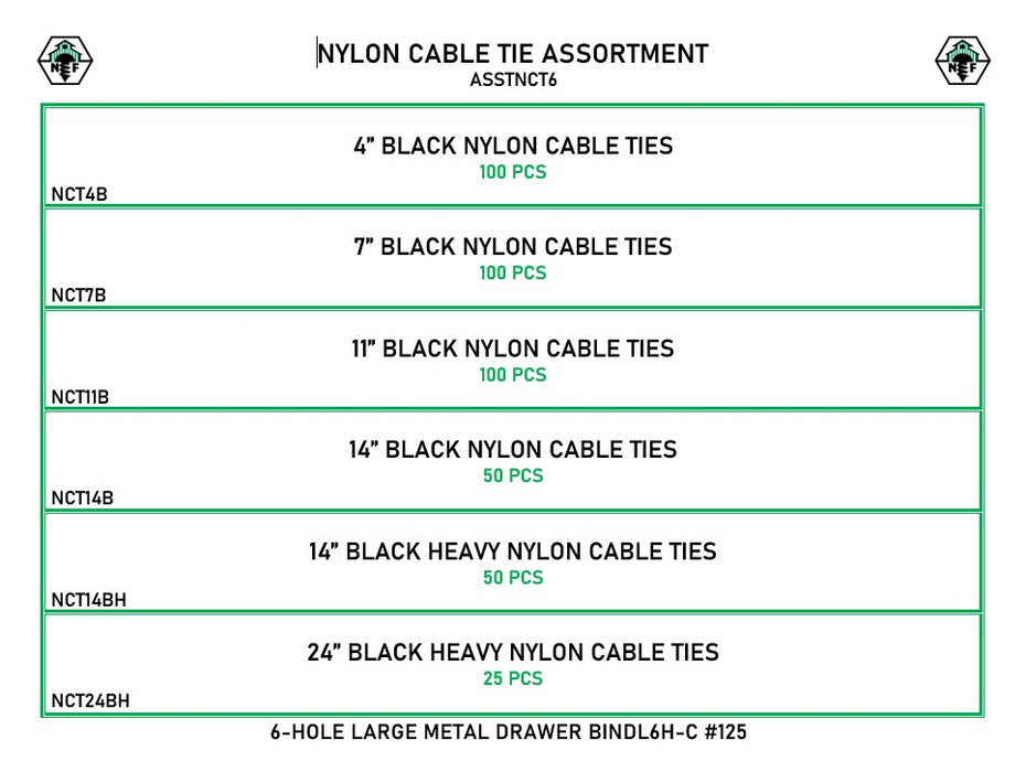6 Hole Nylon Cable Tie Assortment in BINDL6H-C #125 horizontal metal drawer