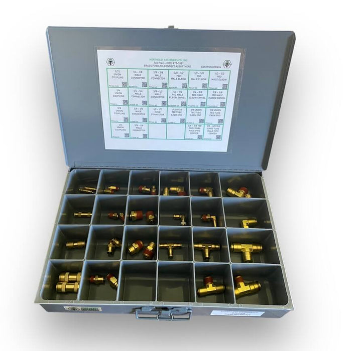 24-Hole Brass Push-to-Connect Assortment / Tee, Elbow, Couplings / Large Metal Drawer