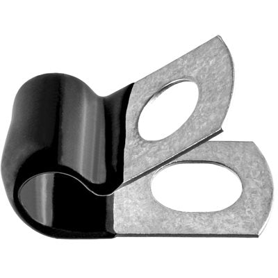 1/4 Insulated Clamp Center to Center : 21/32" Center of Hole to Edge : 7/16" Material Thickness : 0.032" Width : 3/4" Gap : 1/32" Slot : 1/2" Mounting Screw Size : 13/32" Galvanized Steel Includes : Black Vinyl (1/32" Thick) Coating