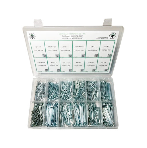 12-Hole Cotter Pin Assortment / Zinc Plated / 680 Pieces / Small Plastic Drawer