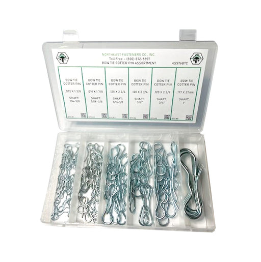 6-Hole Bow Tie Cotter Pin Assortment, Zinc Clear, 80 Pieces, Small Plastic Drawer