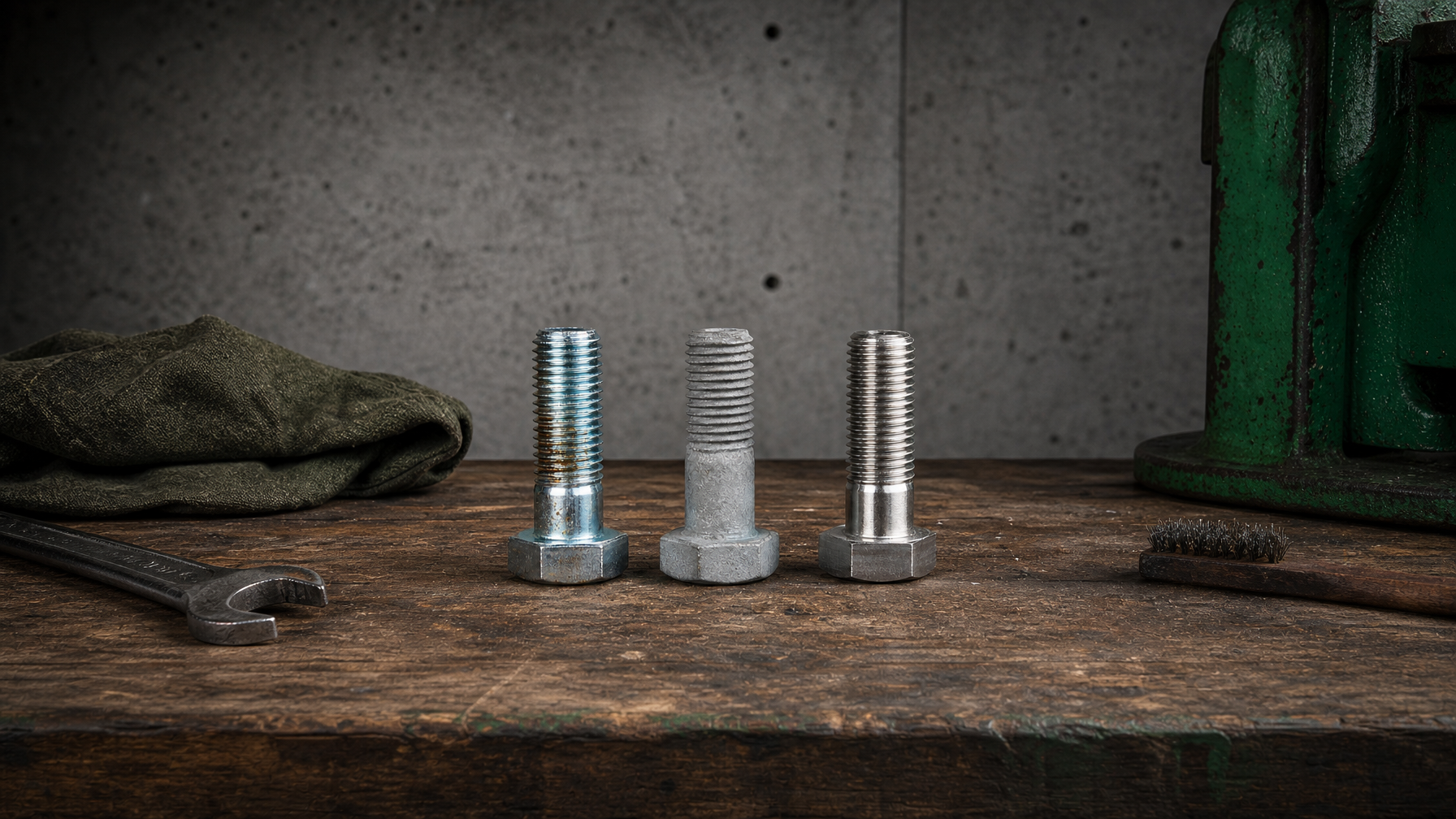 Three construction fasteners side by side showing zinc-plated, hot-dip galvanized, and stainless steel coating differences