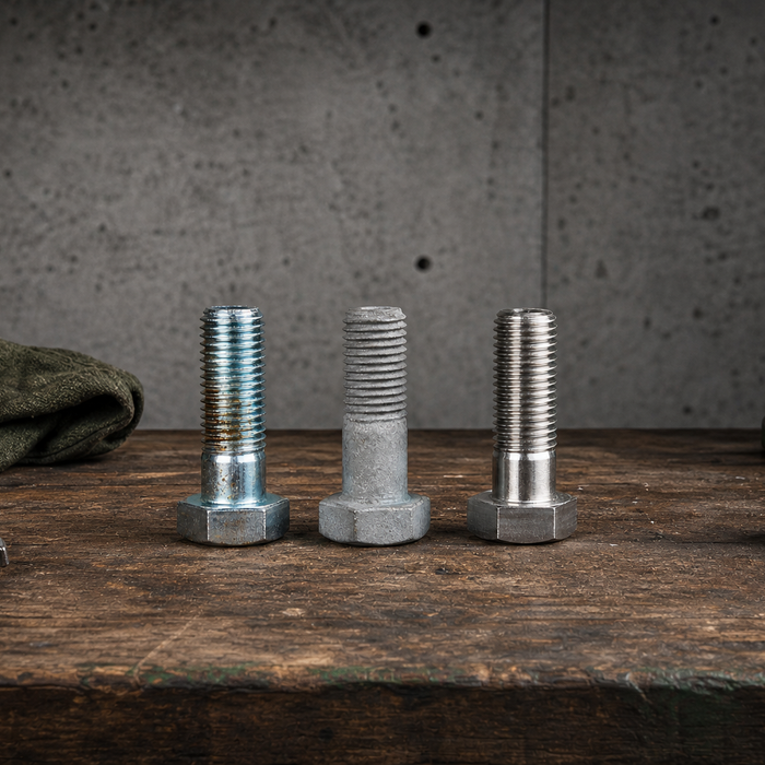 Three construction fasteners side by side showing zinc-plated, hot-dip galvanized, and stainless steel coating differences