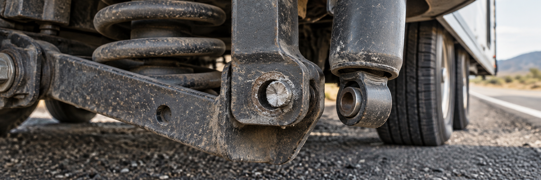 Failed RV trailer coil spring suspension with a sheared shock absorber mounting bolt on an asphalt highway shoulder