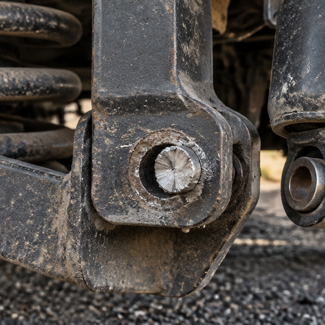 Failed RV trailer coil spring suspension with a sheared shock absorber mounting bolt on an asphalt highway shoulder
