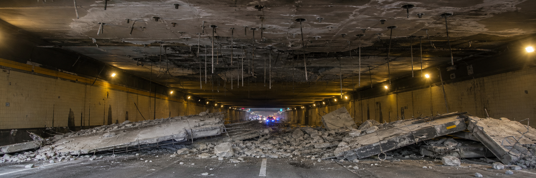 Collapsed concrete ceiling panels on a highway tunnel roadway — Boston Big Dig I-90 Connector Tunnel ceiling failure caused by wrong epoxy anchor bolts
