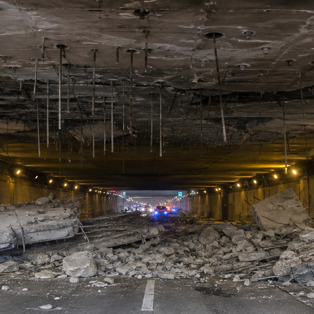 Collapsed concrete ceiling panels on a highway tunnel roadway — Boston Big Dig I-90 Connector Tunnel ceiling failure caused by wrong epoxy anchor bolts