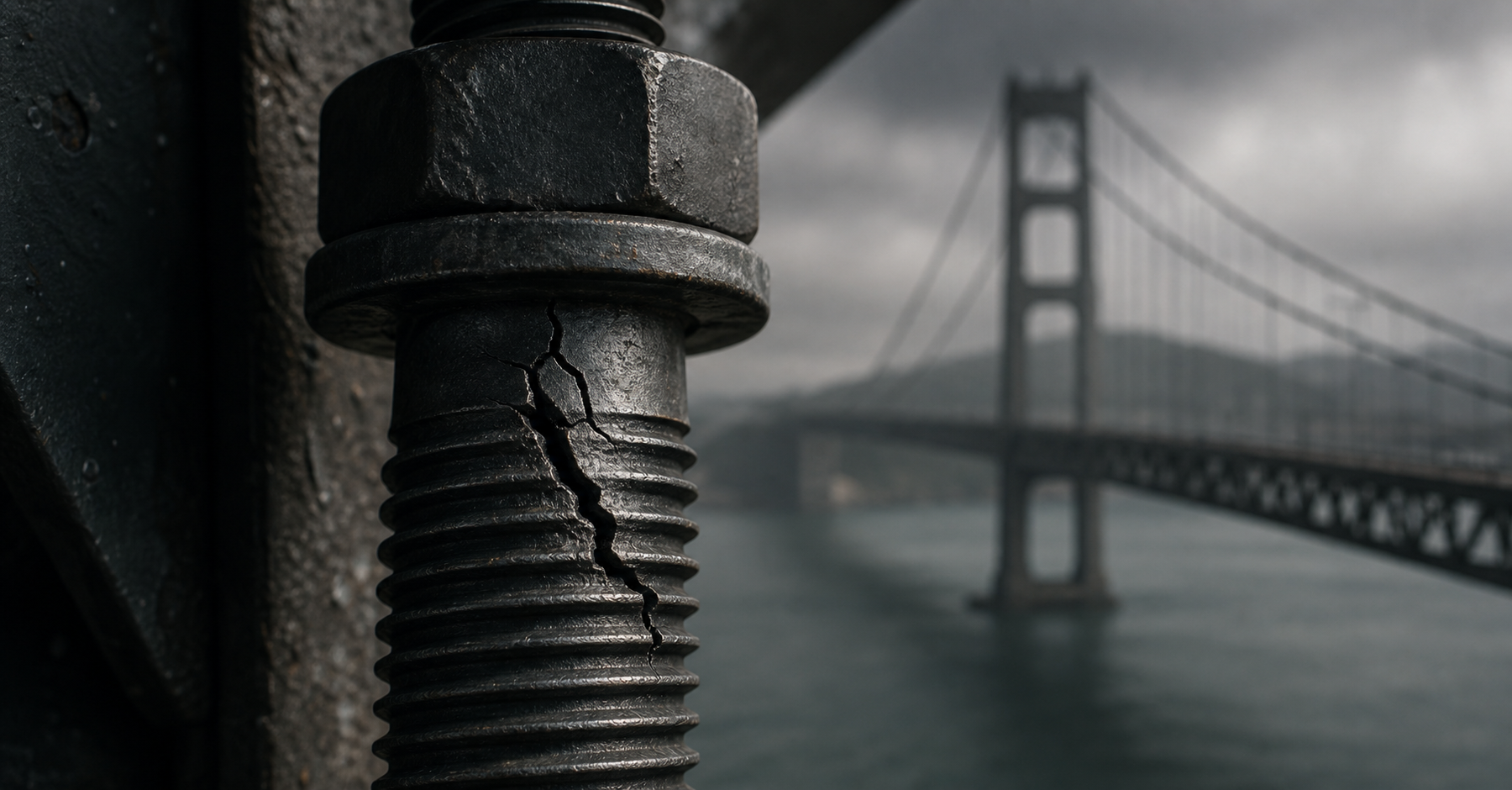 Fractured high-strength anchor bolt with a suspension bridge in the background, depicting the Bay Bridge bolt failure