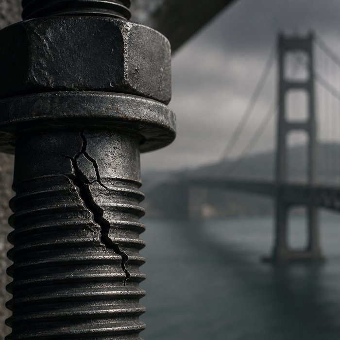 Fractured high-strength anchor bolt with a suspension bridge in the background, depicting the Bay Bridge bolt failure