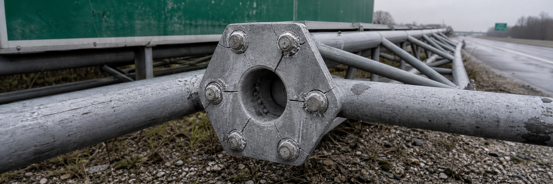 Cracked hexagonal aluminum flange on a removed highway sign truss, with stainless-steel bolts and corrosion packed at the bolt holes