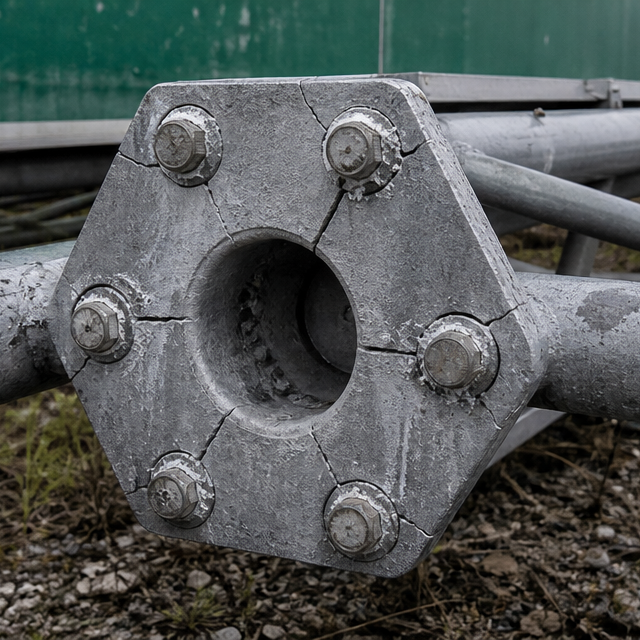 Cracked hexagonal aluminum flange on a removed highway sign truss, with stainless-steel bolts and corrosion packed at the bolt holes