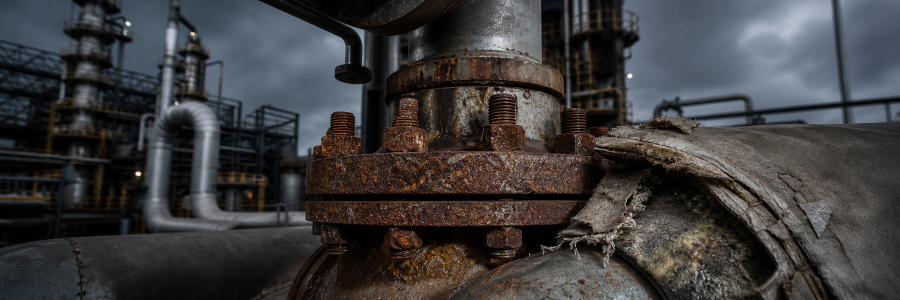 Corroded industrial valve bonnet with deteriorated insulation blanket revealing severely rusted bolt heads at a chemical processing facility