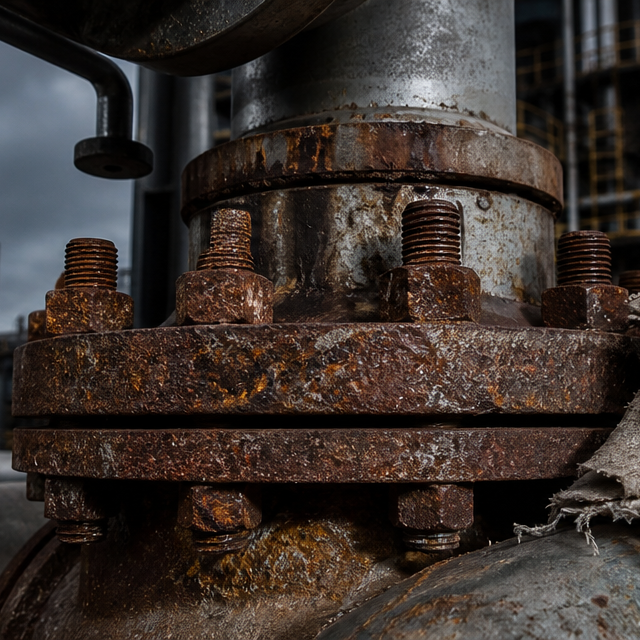Corroded industrial valve bonnet with deteriorated insulation blanket revealing severely rusted bolt heads at a chemical processing facility