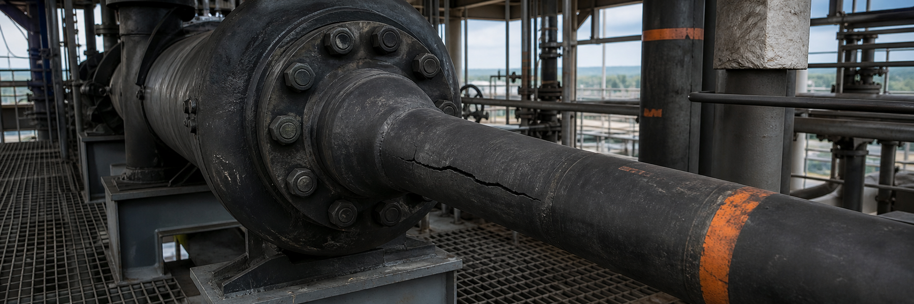 A cracked graphite heat exchanger flange on an industrial platform, showing the result of over-torqued bolts at a chemical processing facility