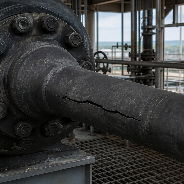 A cracked graphite heat exchanger flange on an industrial platform, showing the result of over-torqued bolts at a chemical processing facility