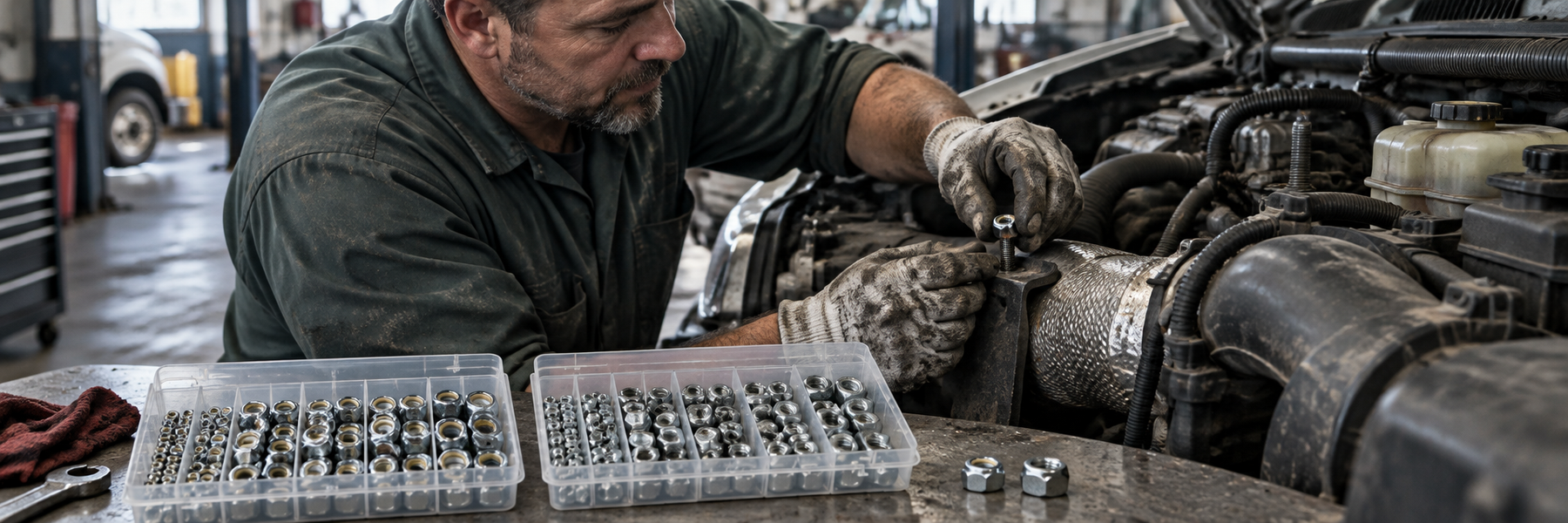 Fleet mechanic choosing between nylon insert lock nuts and all-metal lock nuts at a truck engine bay workbench