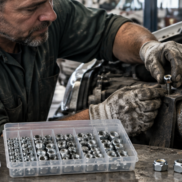 Fleet mechanic choosing between nylon insert lock nuts and all-metal lock nuts at a truck engine bay workbench