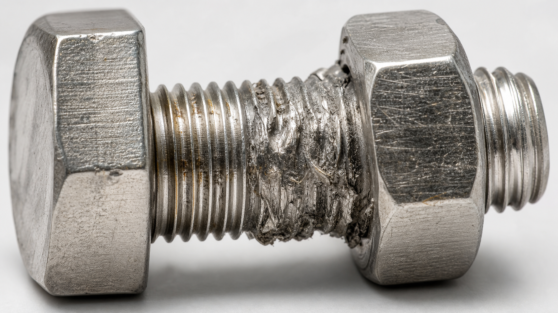 Close-up of stainless steel bolt and nut assembly showing thread galling damage where the mating surfaces have seized together