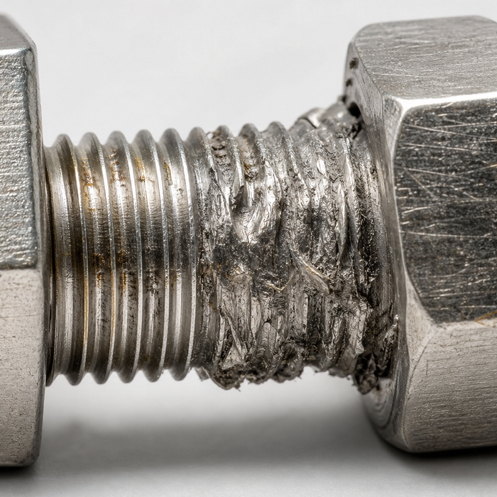 Close-up of stainless steel bolt and nut assembly showing thread galling damage where the mating surfaces have seized together