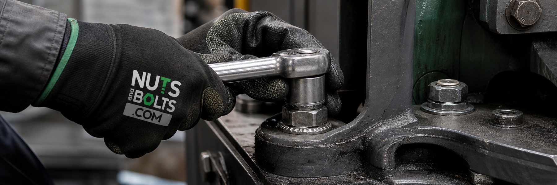 Maintenance technician installing a serrated hex flange nut on an industrial machinery chassis using a wrench