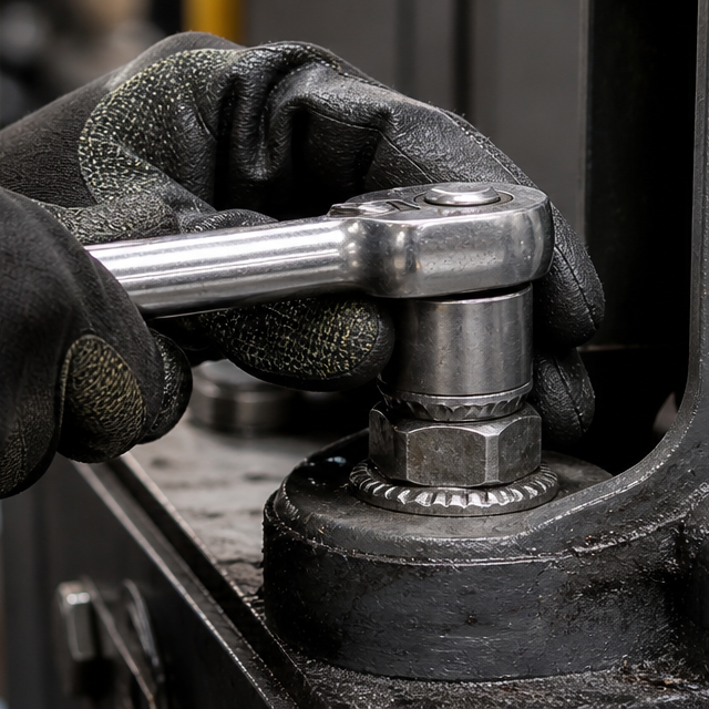 Maintenance technician installing a serrated hex flange nut on an industrial machinery chassis using a wrench
