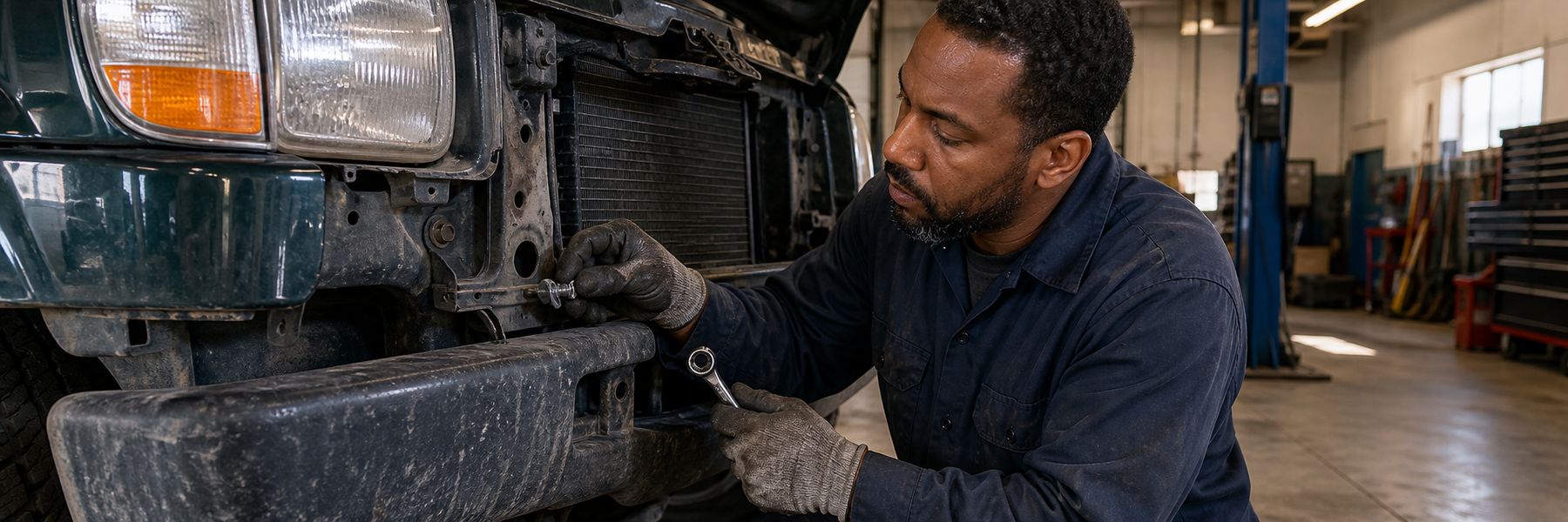 Fleet mechanic starts a hex-head SEMS body bolt with captured washer into a truck radiator support