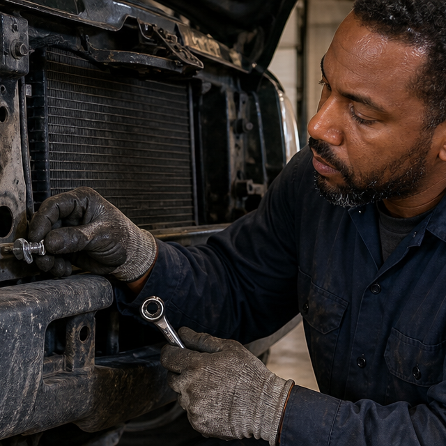 Fleet mechanic starts a hex-head SEMS body bolt with captured washer into a truck radiator support