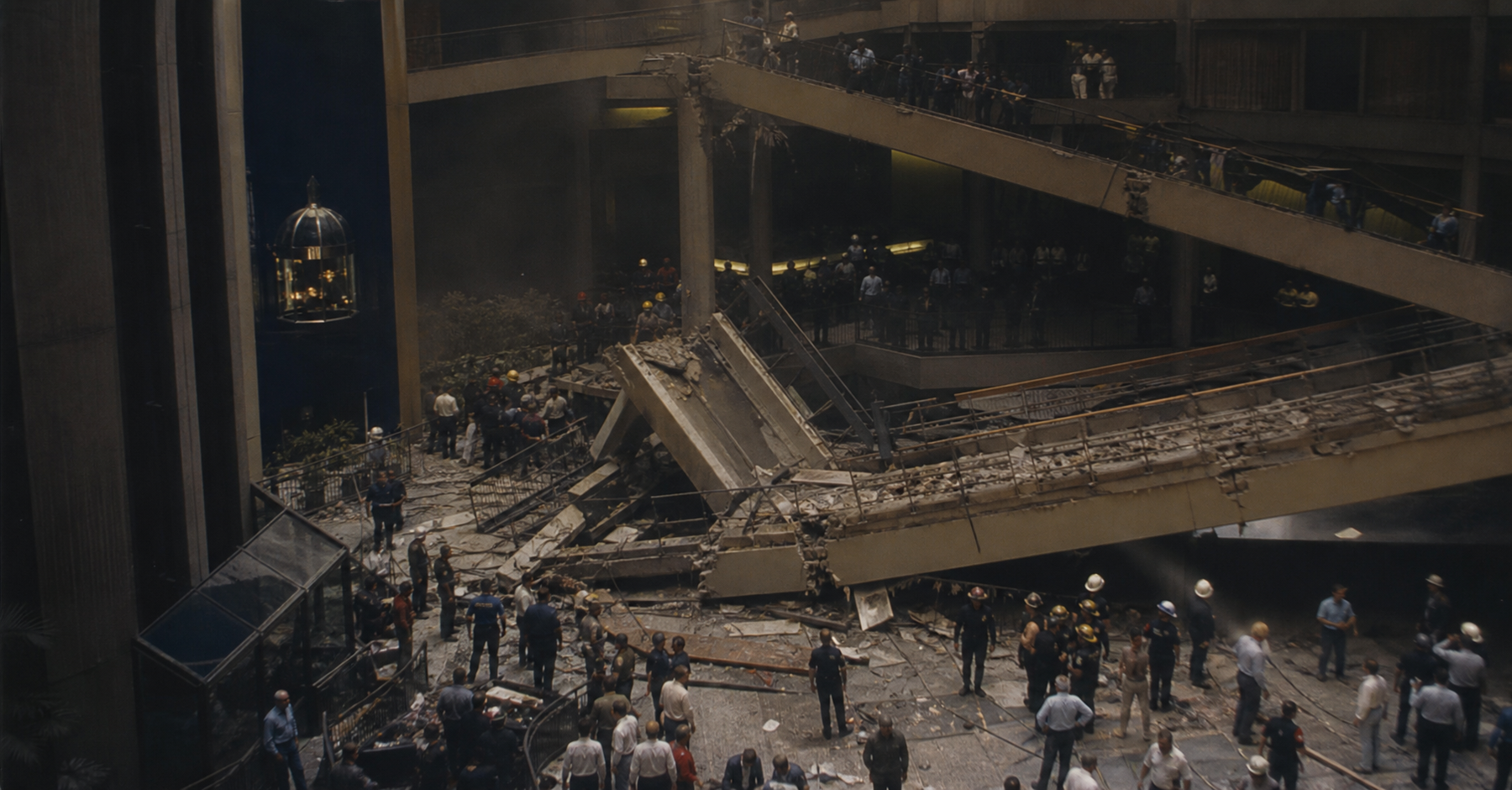 Collapsed hotel atrium walkways depicting the 1981 Hyatt Regency Kansas City structural failure