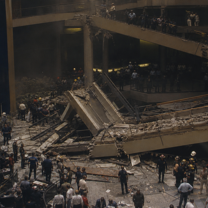 Collapsed hotel atrium walkways depicting the 1981 Hyatt Regency Kansas City structural failure