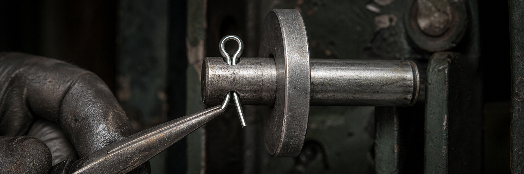 Cotter pin through shaft hole with pliers bending one tine open beside a retaining washer