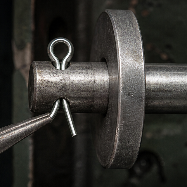 Cotter pin through shaft hole with pliers bending one tine open beside a retaining washer