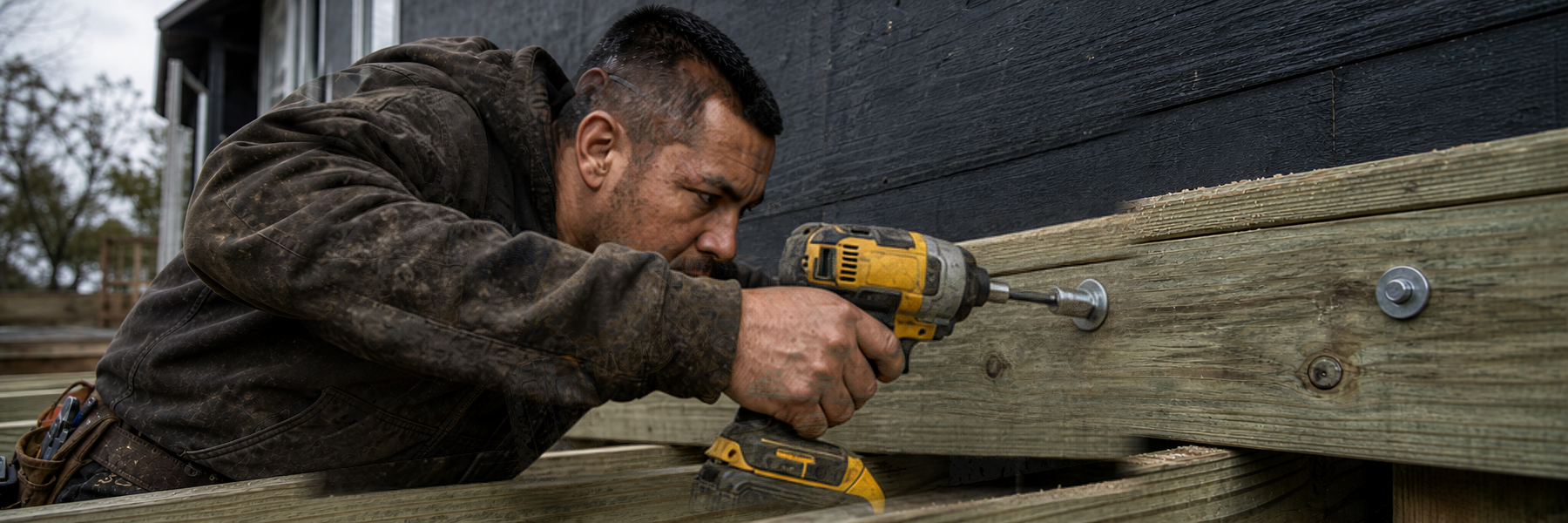 Construction worker driving a hex-head lag bolt into treated deck ledger framing with an impact driver