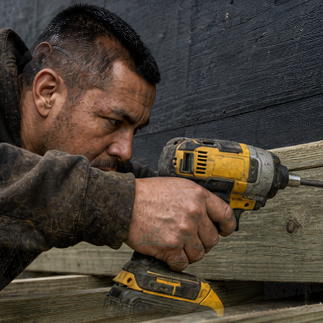 Construction worker driving a hex-head lag bolt into treated deck ledger framing with an impact driver