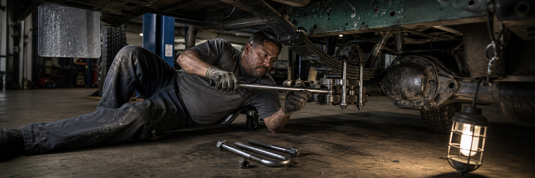 Fleet mechanic tightening a U-bolt on a leaf spring assembly under a truck in a maintenance bay