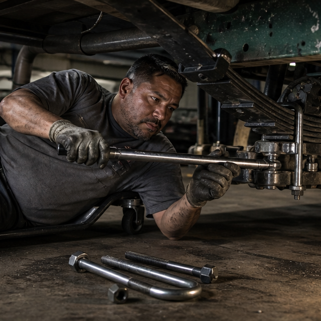 Fleet mechanic tightening a U-bolt on a leaf spring assembly under a truck in a maintenance bay