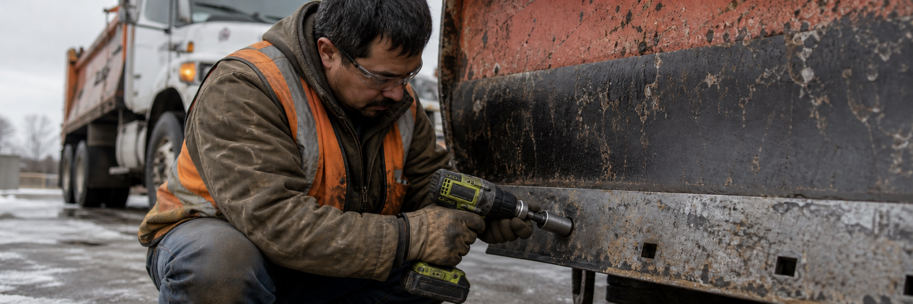 Fleet mechanic installing a Grade 8 dome-head plow bolt through a snow plow cutting edge on a municipal truck