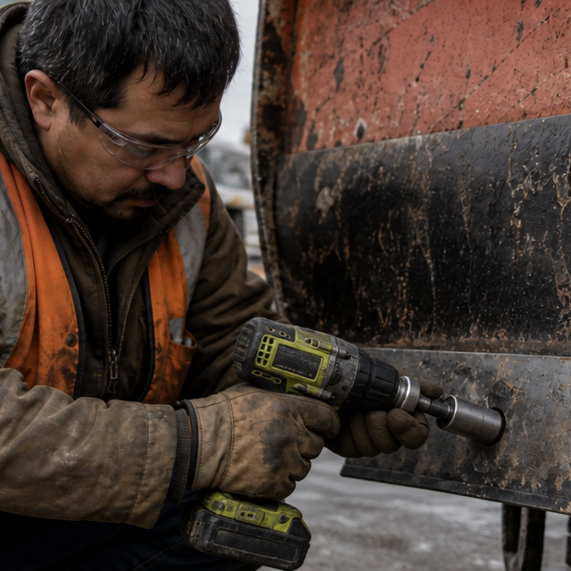 Fleet mechanic installing a Grade 8 dome-head plow bolt through a snow plow cutting edge on a municipal truck