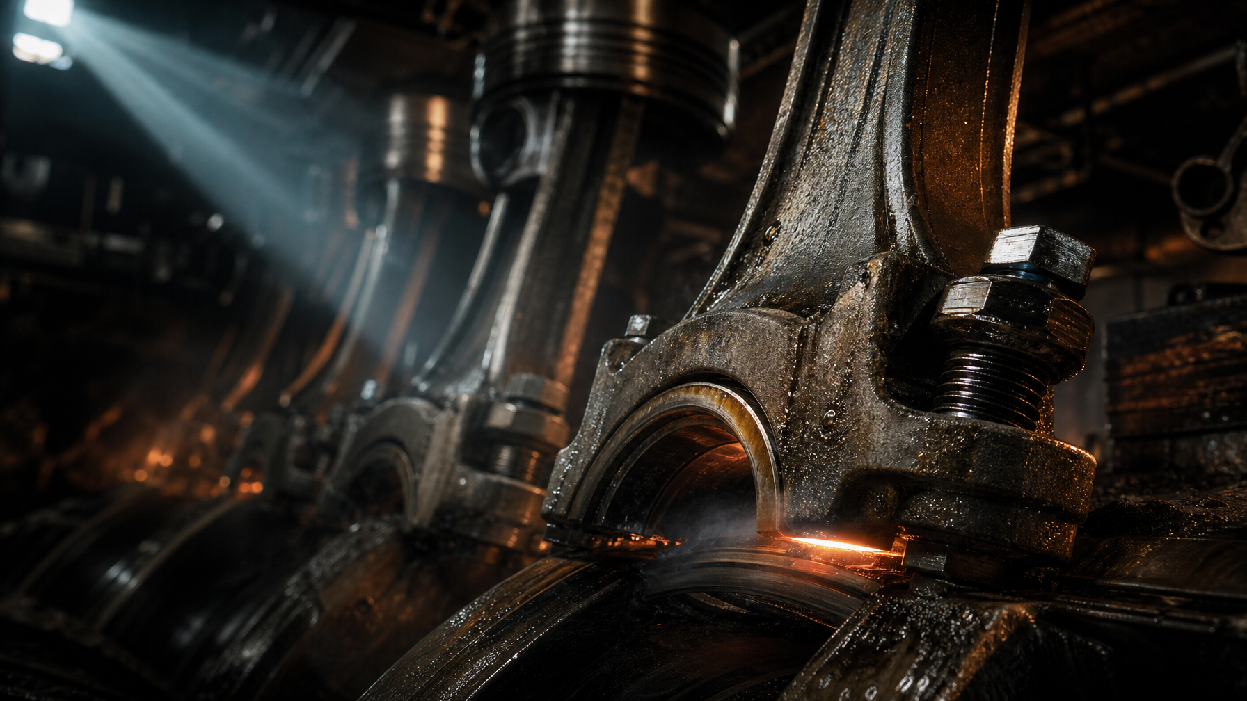 Close-up of a diesel engine connecting rod bolt assembly with heat distortion — illustrating the consequences of an undertorqued fastener