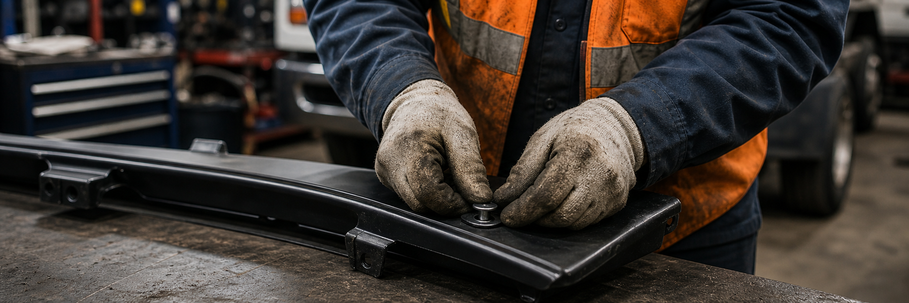 Maintenance technician pressing a spring-steel push nut onto an unthreaded metal stud on an automotive trim panel in an industrial workshop
