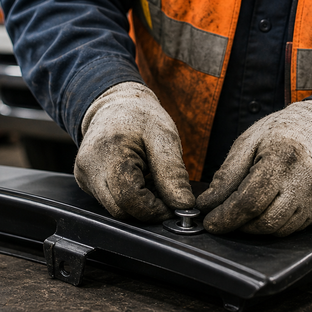 Maintenance technician pressing a spring-steel push nut onto an unthreaded metal stud on an automotive trim panel in an industrial workshop