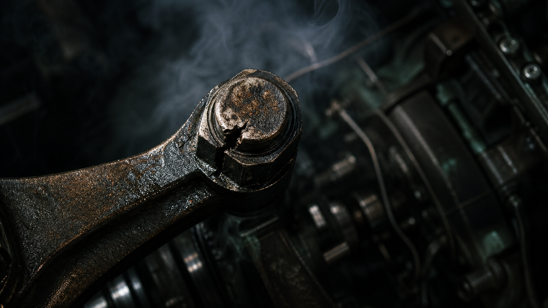 Close-up of a large industrial engine connecting rod bolt showing signs of mechanical stress and heat damage