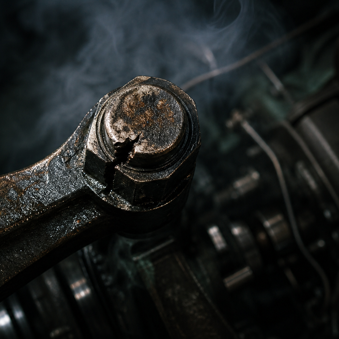 Close-up of a large industrial engine connecting rod bolt showing signs of mechanical stress and heat damage