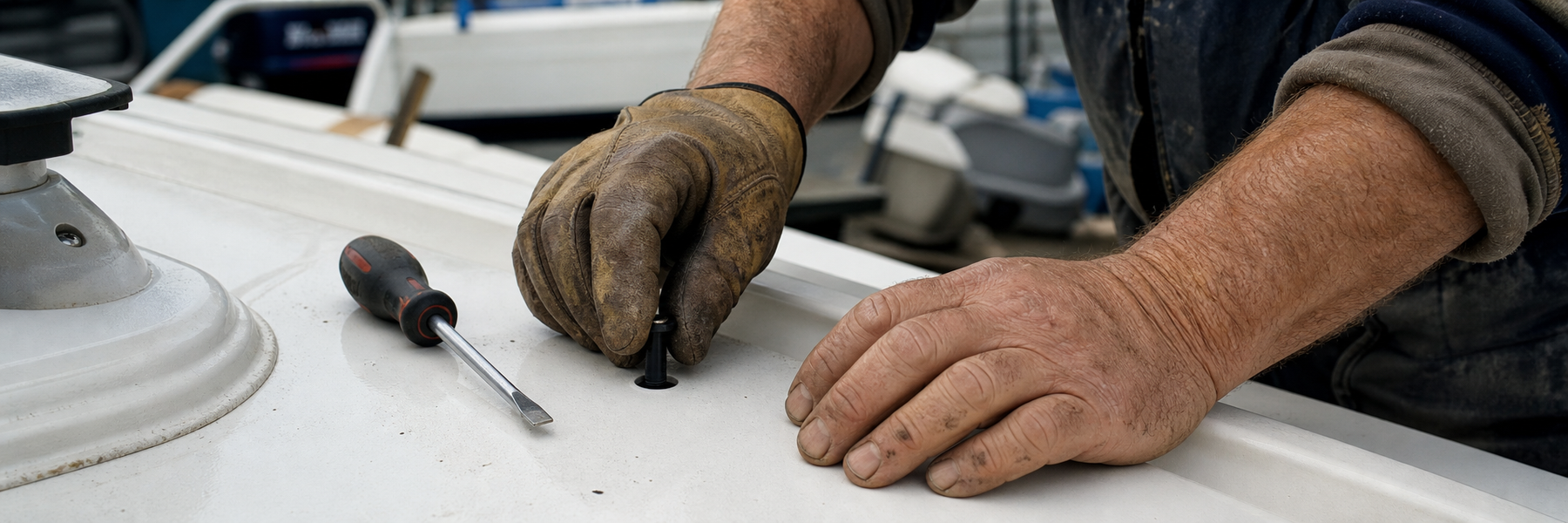 Marine technician pressing a rubber well nut into a drilled hole in a fiberglass panel during an outdoor repair job