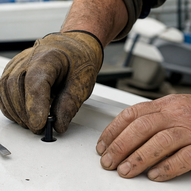 Marine technician pressing a rubber well nut into a drilled hole in a fiberglass panel during an outdoor repair job