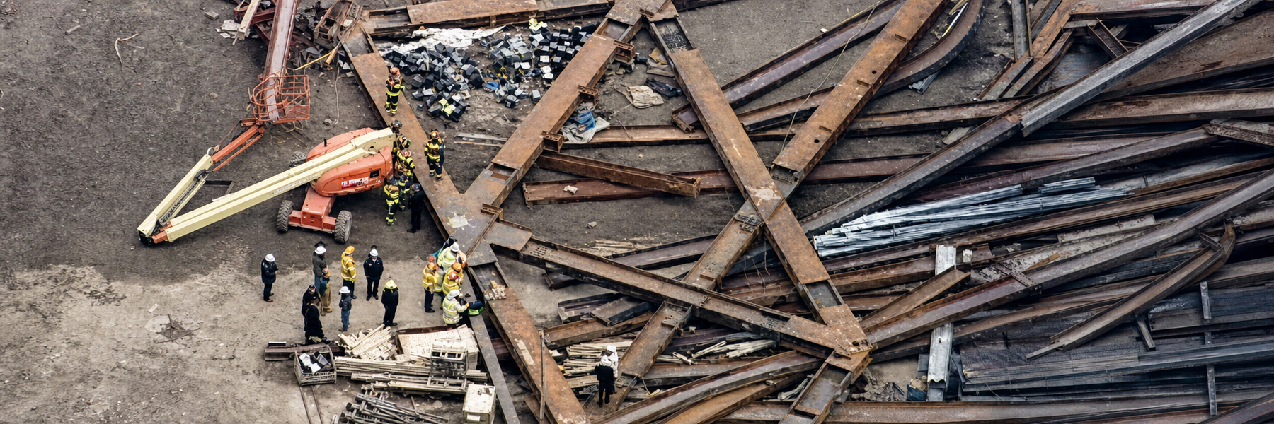 Aerial photograph of the collapsed steel bow truss at Pittsburgh’s David L. Lawrence Convention Center construction site, with responders and orange aerial lift equipment visible beside the wreckage