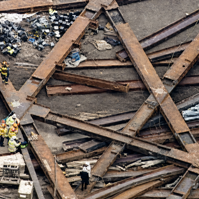 Aerial photograph of the collapsed steel bow truss at Pittsburgh’s David L. Lawrence Convention Center construction site, with responders and orange aerial lift equipment visible beside the wreckage