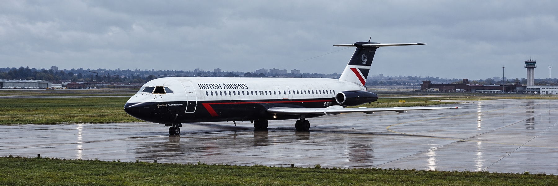 Editorial reconstruction of a BAC One-Eleven cockpit exterior with the captain side windscreen panel missing from its bolt-hole retainer frame on wet airport tarmac